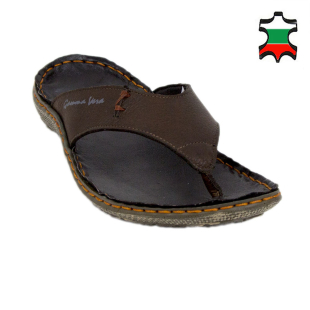 Men's brown leather flip-flops 19228