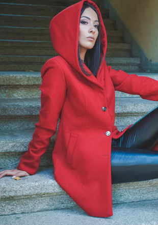 Women's coat in red color with hood 12106-600