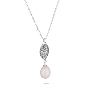 Silver necklace with zircons and freshwater white pearl LA526NW Swan