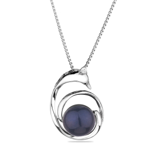 Silver necklace with natural black pearl and zircons CAA074B Swan