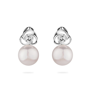 Silver earrings flower with natural white pearl and zirons LAROSE Swan
