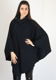 Black Poncho with High Collar and Zip Closure RUMENA