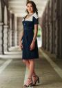 Rochie formală bleumarin cu talie înaltă și guler decupat Avangard 