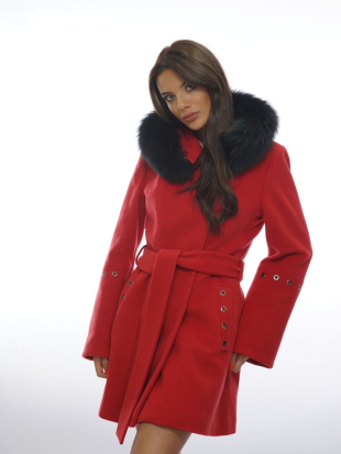 Red women's coat with genuine leather collar  Radeks 